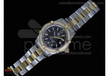 Aquaracer Ladies SS/YG Black Dial Stick Markers Diamond Bezel on SS/YG Bracelet Swiss Quartz